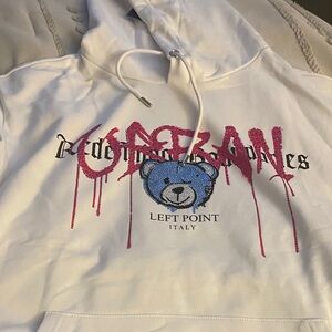 White Hoodie with Blue Bear Design